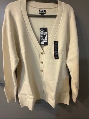 Future Collective Cream V-Neck Button Cardigan